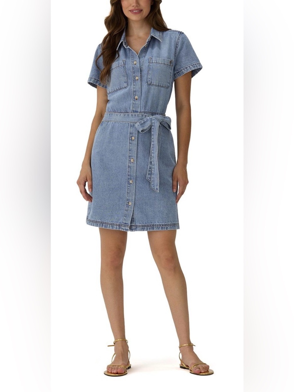 Frye Light Blue Denim Shirt Mini Dress with Tie Waist